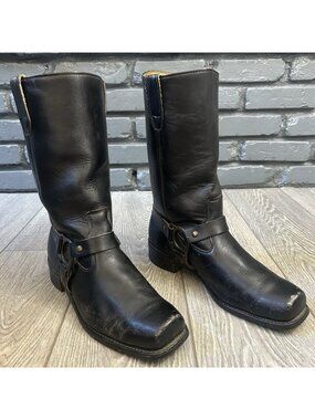 Hanover Vintage Buckle Harness Black Square Toe Moto Boots Mens 11 D